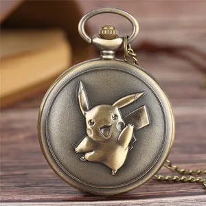 Bronze Lovely Cute Cartoon Pattern Men Women Quartz Clock Arabic Number Pocket Watch for Kid with Sweater Necklace Chain Gifts