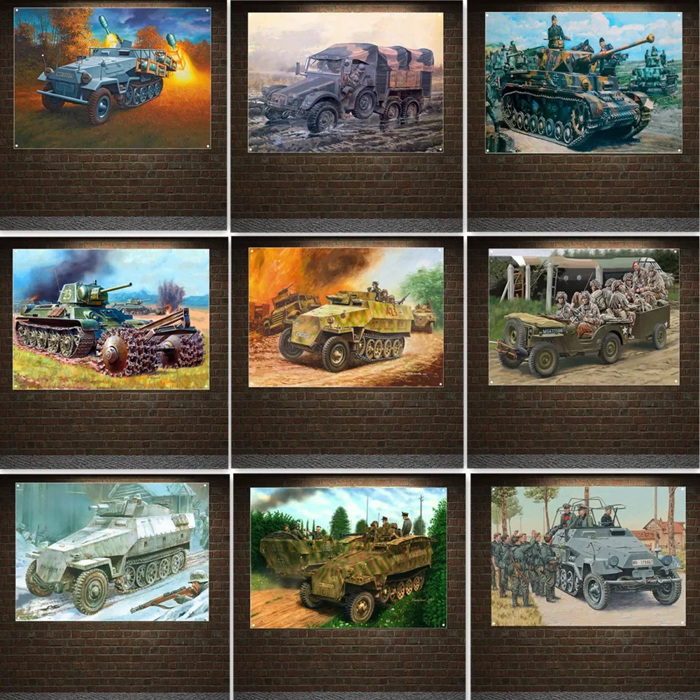 

Tank Armored Vehicle Posters Wall Hanging Flag Mural WW II Panzer Division Military Art Banner Wall Decor Painting