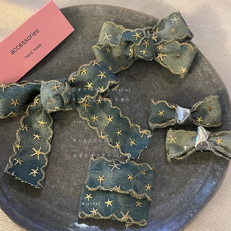 New Vintage Bow Hair Clips Denim Fabric Star Printing Barrettes Geometric Bang Side Pins Korean Women Girls Hair Accessories 50pcs lot heart kraft paper envelopes european vintage hot stamping printing paper envelope for wedding letter invitation