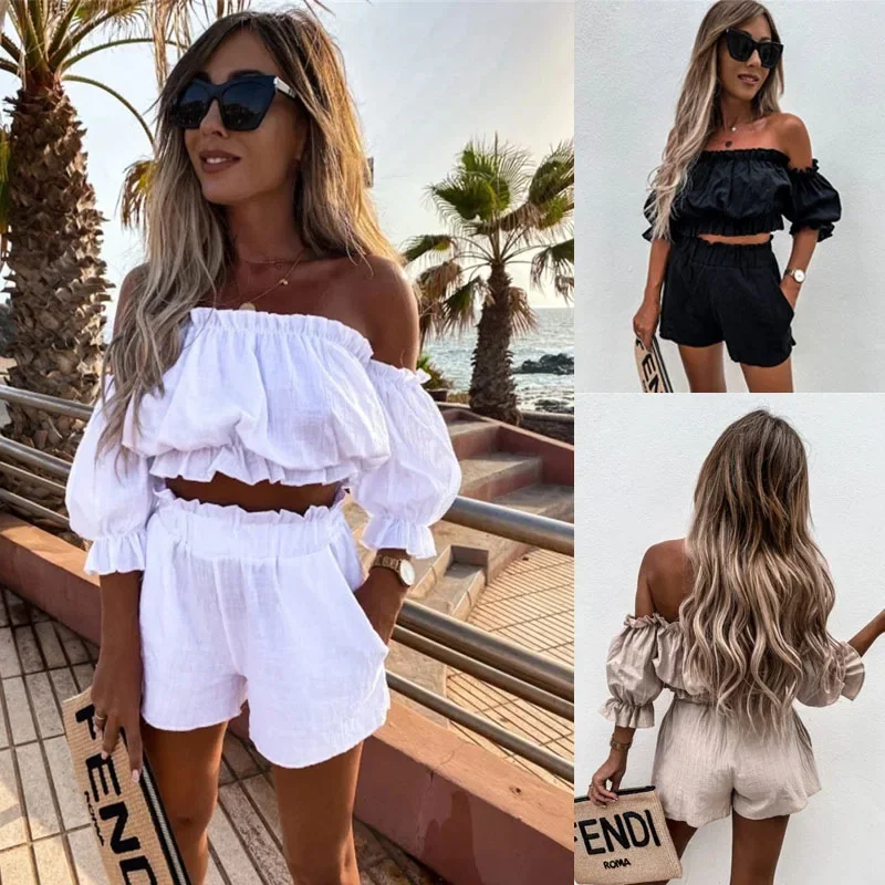 Solid Ruffles Off Shoulder Women Shorts Set Slash Neck Crop Tops And High Waist Bottom Ladies Suit Summer Beach Style Casual New