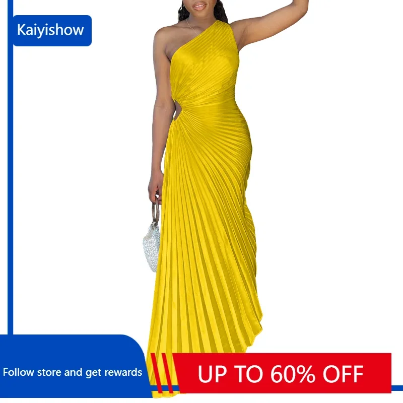 

Summer Elegant Skew Neck Pleated Dress Women Fashion Solid Off Shoulder Sleeveless Hollow Irregular Pleated Evening Dress Women