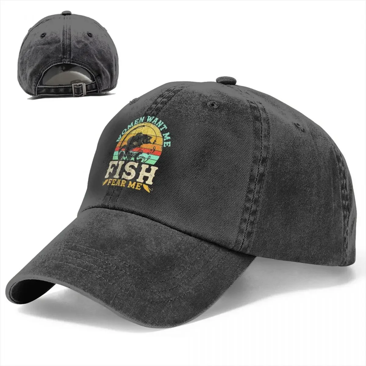 Fish Want Me Want Women Fear Me 야구 모자, 고민 데님 워싱 물고기 공포 선물 모자, 남성 여성 야외 운동 모자