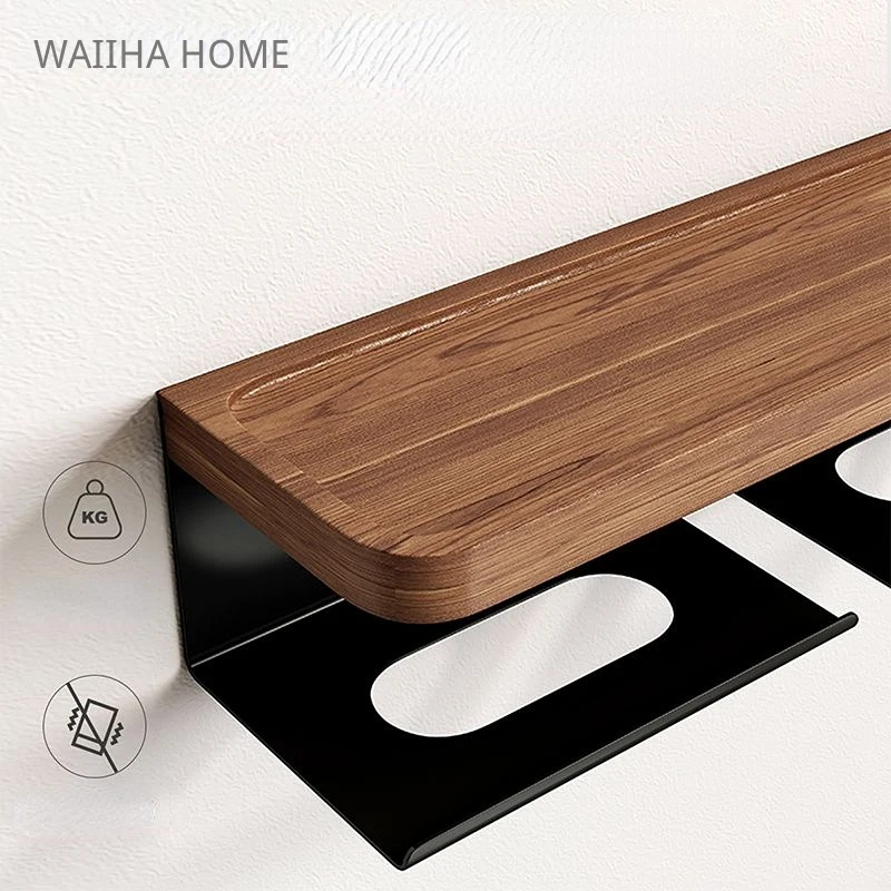 Toilet Paper Holder with Black Walnut Shelf For Bathroom Wall Mounted Double Roll Black Phone Rack