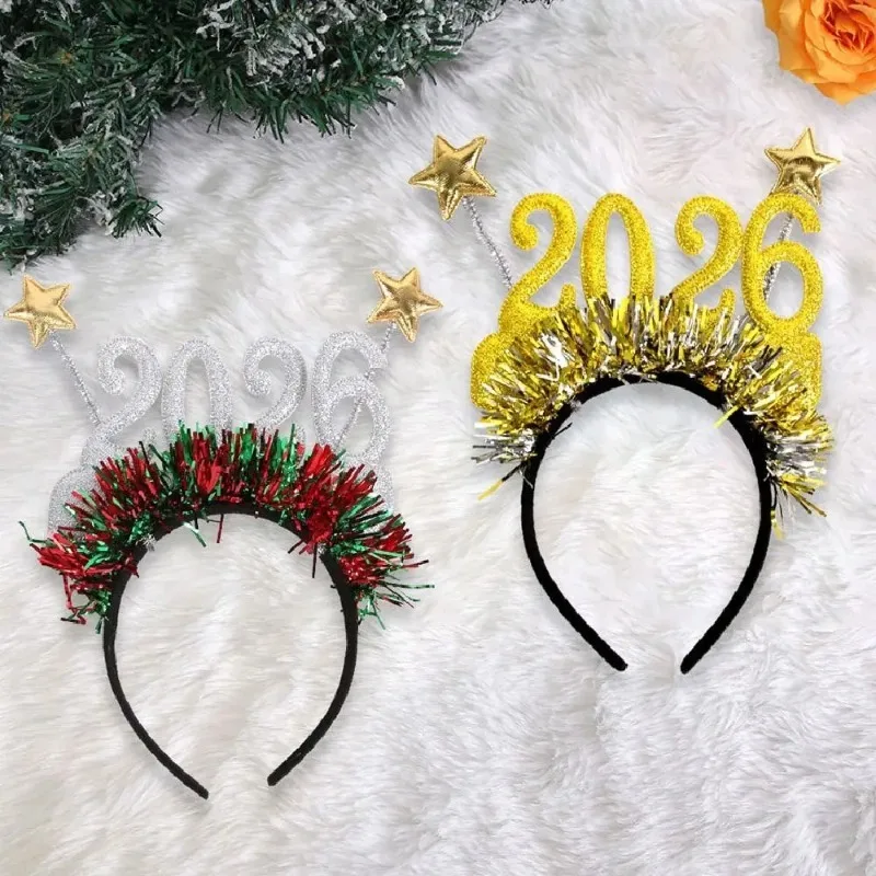 Sequin 2026 Happy New Year Headband Cute Star Party Decorative Glasses Headwear Sweet Xmas Hair Band Kids Photo Prop