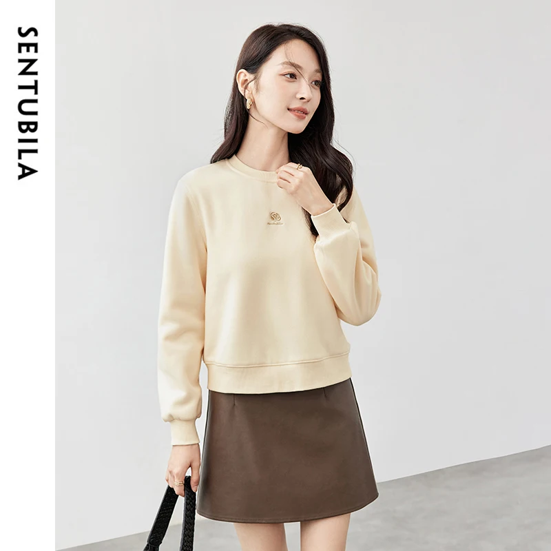 SENTUBILA Embroidery Woman Sweatshirts Pullovers 2024 Winter Straight Cotton Thick Cropped Round Neck Basic Tops 144A57100 5