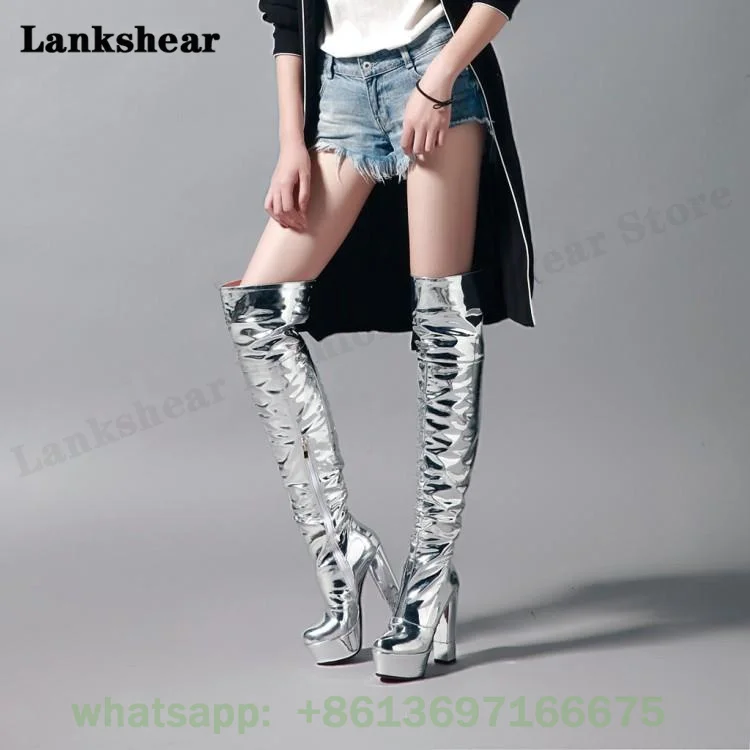 Silver Thigh High Boots Women Patent Leather Platform High Chunky High Heels Boots Round Toe Modern Funky Over The Knee Boots