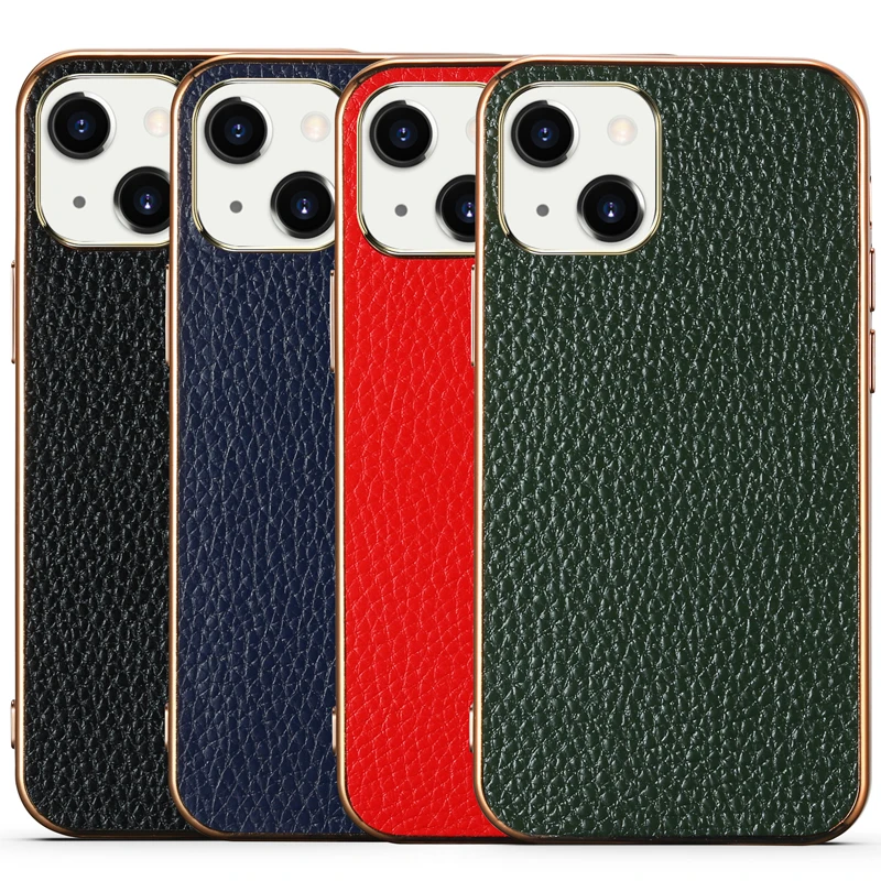 

4 Color Genuine Leather Cover For Iphone 11 12 13 Pro Max Mini Real Natural Cowhide Skin + Soft Gold Electroplated Silicone Case