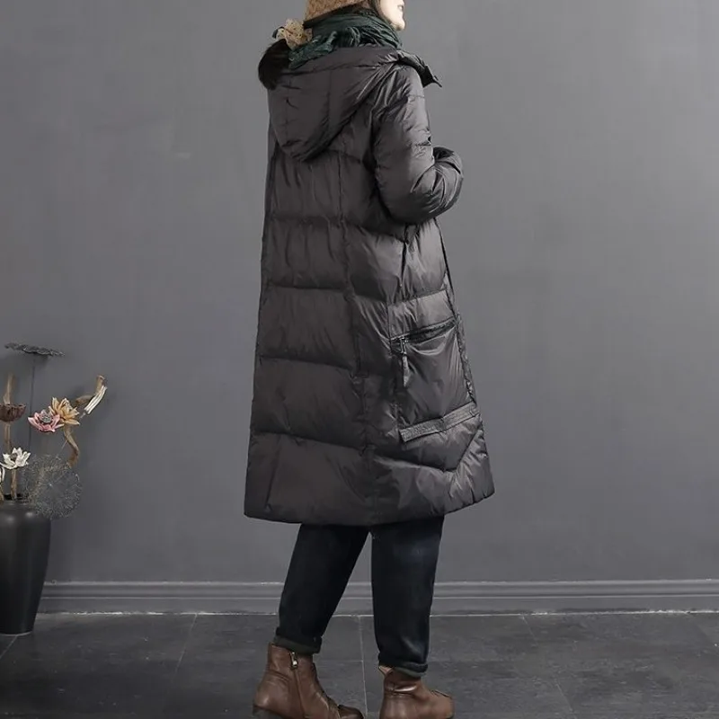 2023 New Women Down Jacket Winter Coat Female Mid Length Version Parkas Loose Thick Warm Outwear Hooded Leisure Time Overcoat