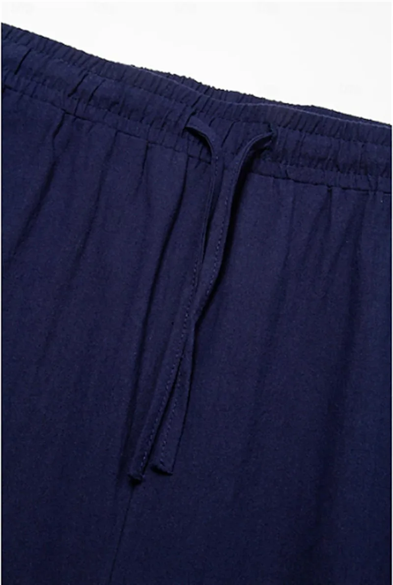 Men's Cotton Linen Long Pants Summer Solid Color Breathable Linen Trousers Male Casual Elastic Waist Casual Pants Harajuku Trous