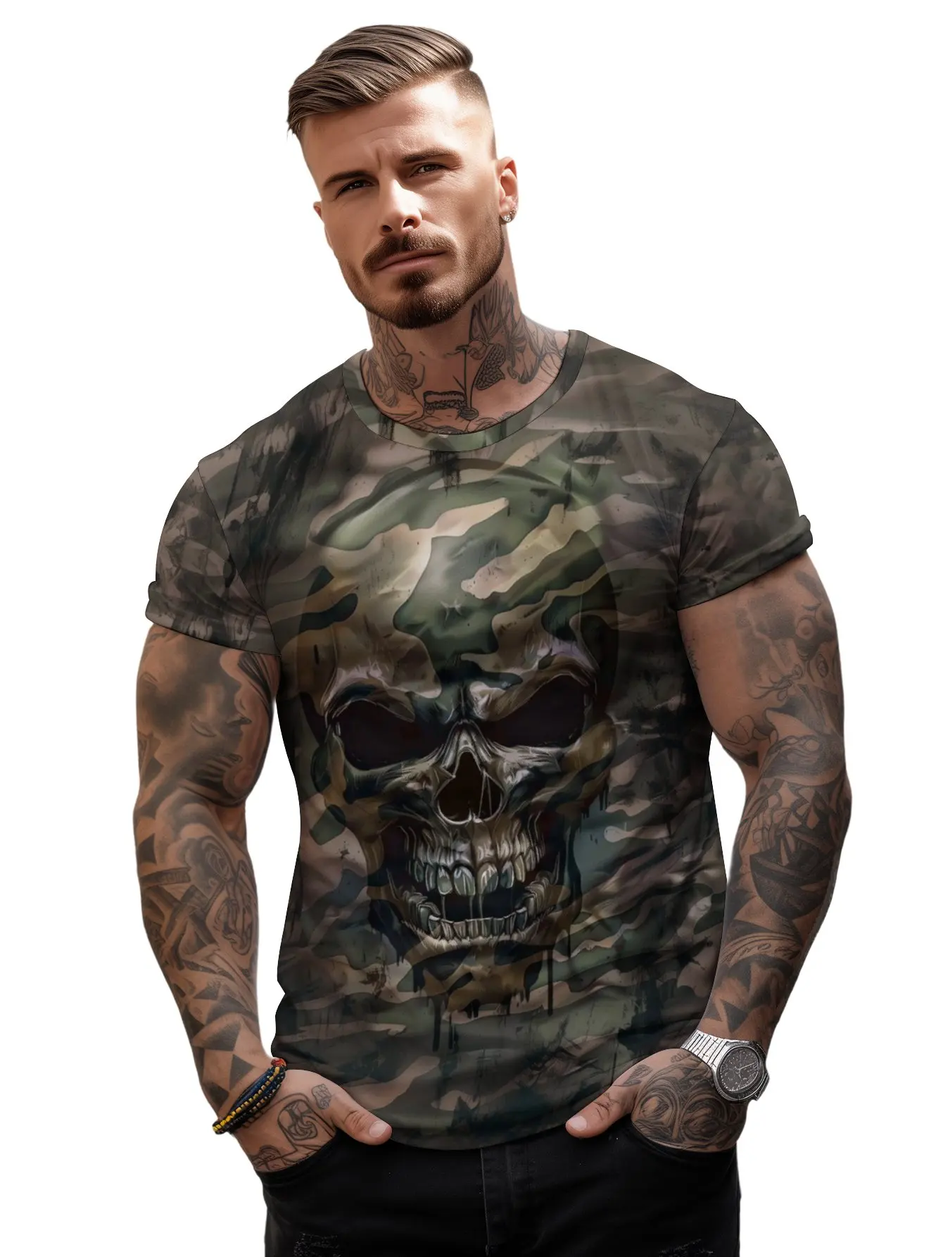 

2024 summer new cross-border European and American 3D printing skull men's short sleeve T-shirt mens clothing