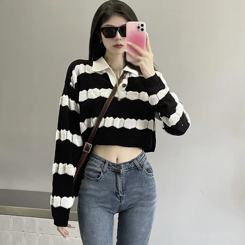 

Chic Women Pullover Sweater Striped Design Turn Down Collar All-match Loose Preppy Simple Japanese Style Spring Soft Trendy