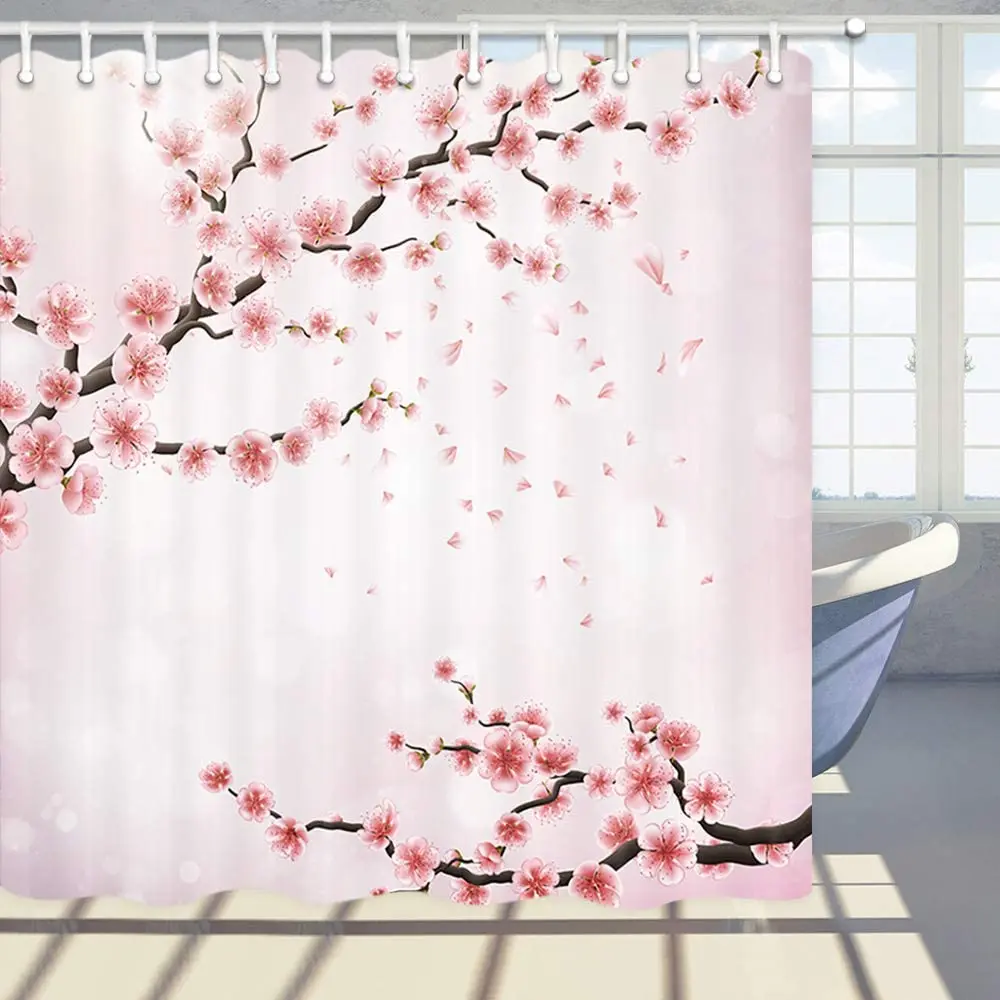 

Sakura Flower Shower Curtain Cherry Branch Floral Blooming Flowers Bathroom Polyester Fabric Bath Curtains with Hooks Washable