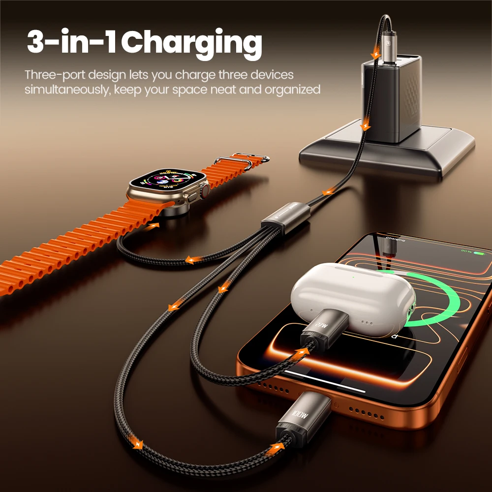 투키 100W 3-in-1 USB 케이블 (아이워치 시리즈용 워치 충전기 포함) USB C - 타입 C - 아이폰 13 14 15 16 17용 라이트닝 케이블