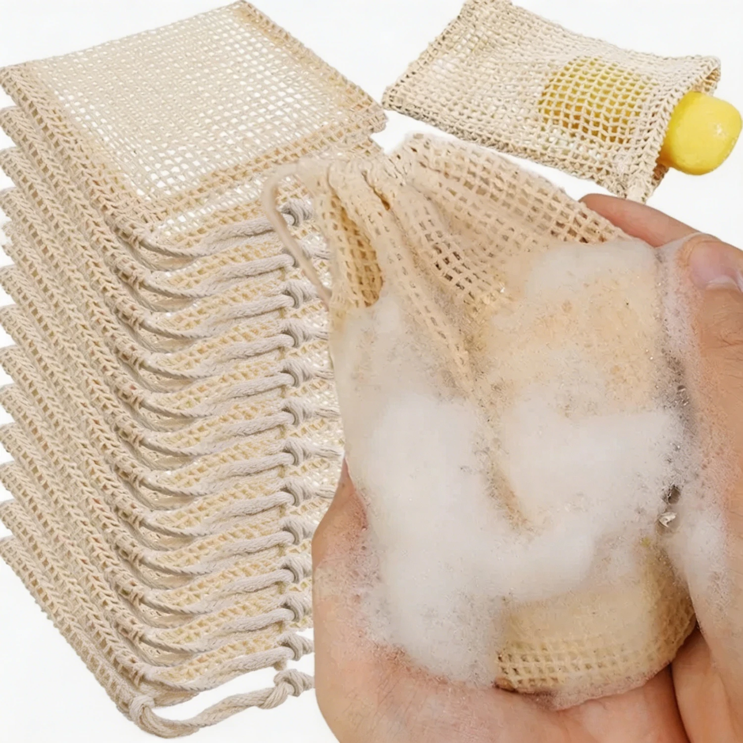 Se64598e631f142aeb26c1734cc5176f52.jpg 1/10PCS Hangable Soap Bags Natural Cotton Linen Foaming Soap Net Bag Body Soap Cleanser Net Bags Household Shower Cleaning Tools - Image 1