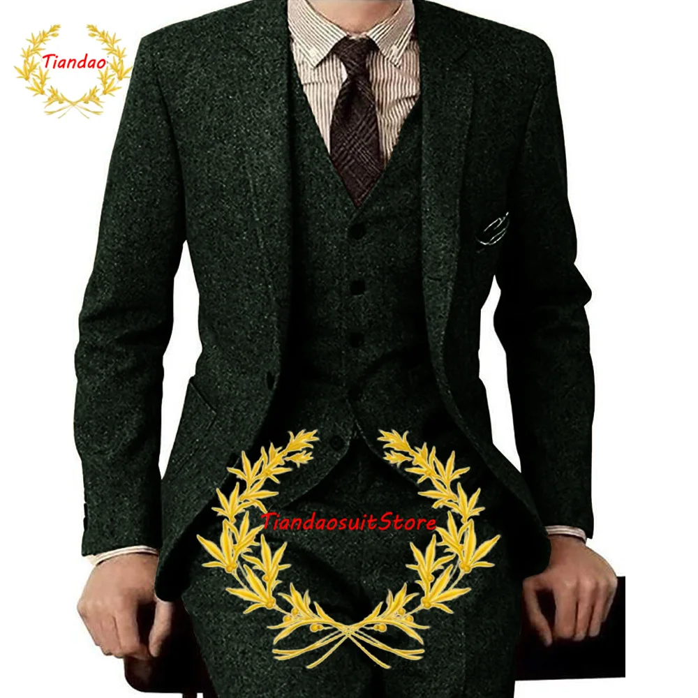 Men's 3 Piece Wool Suit Herringbone Jacket Pants Vest Slim Fit Business Outfit
