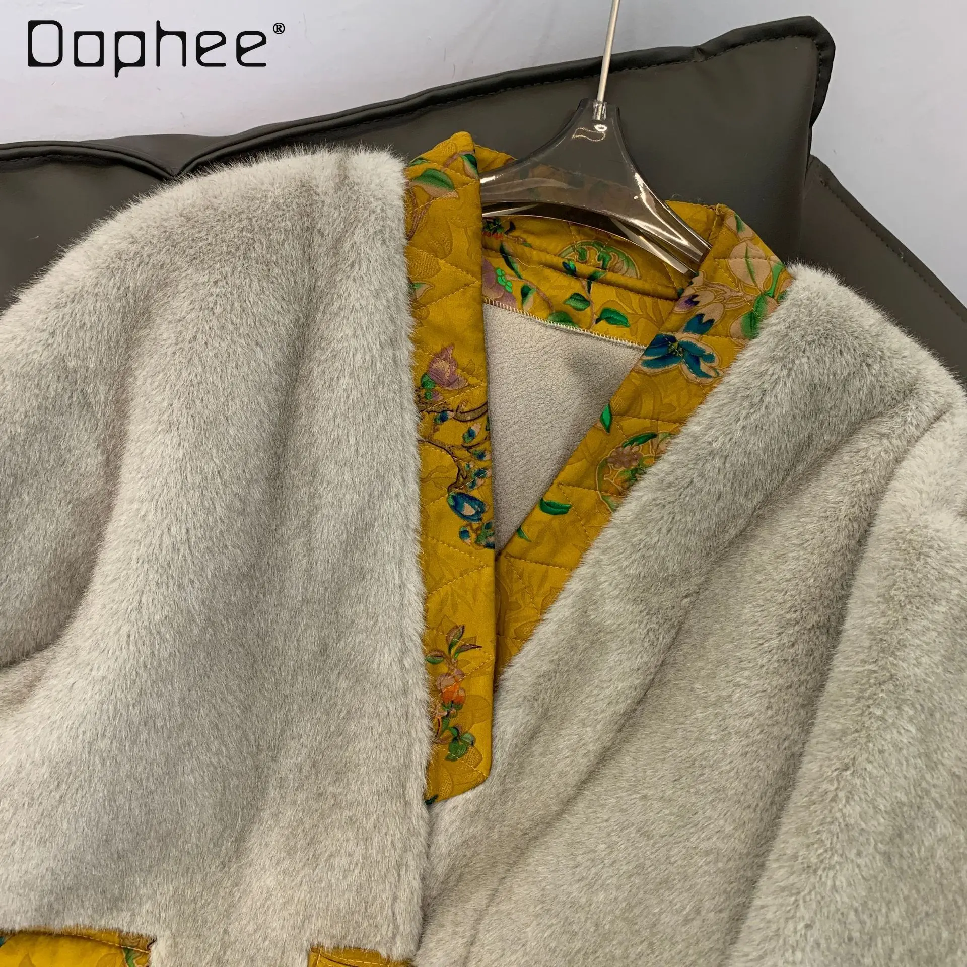 2023 New Fall Clothing Socialite Woman Imitated Mink Fur Furry Coat Chinese Style Retro Long Sleeve Mid-Length Jacket for Women