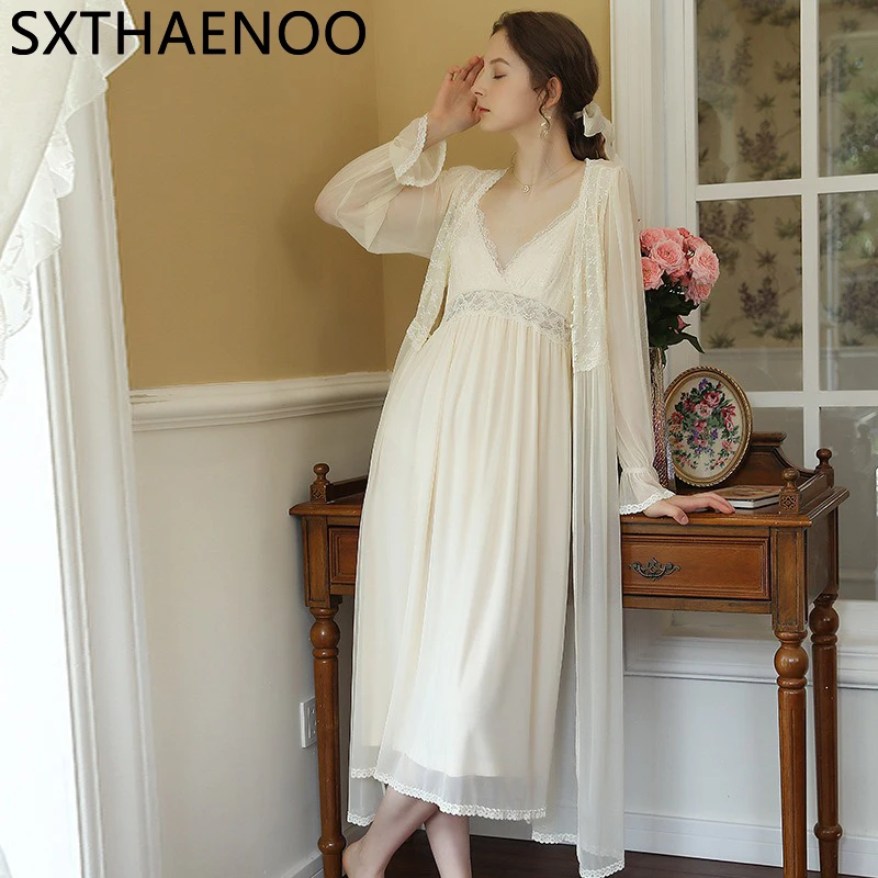 

SXTHAENOO Vintage Nightgowns Princess Gauze Long Sleepwear Suspenders Night Dress Home Wear Sweet Spring Mesh Nightdress 2 Piece