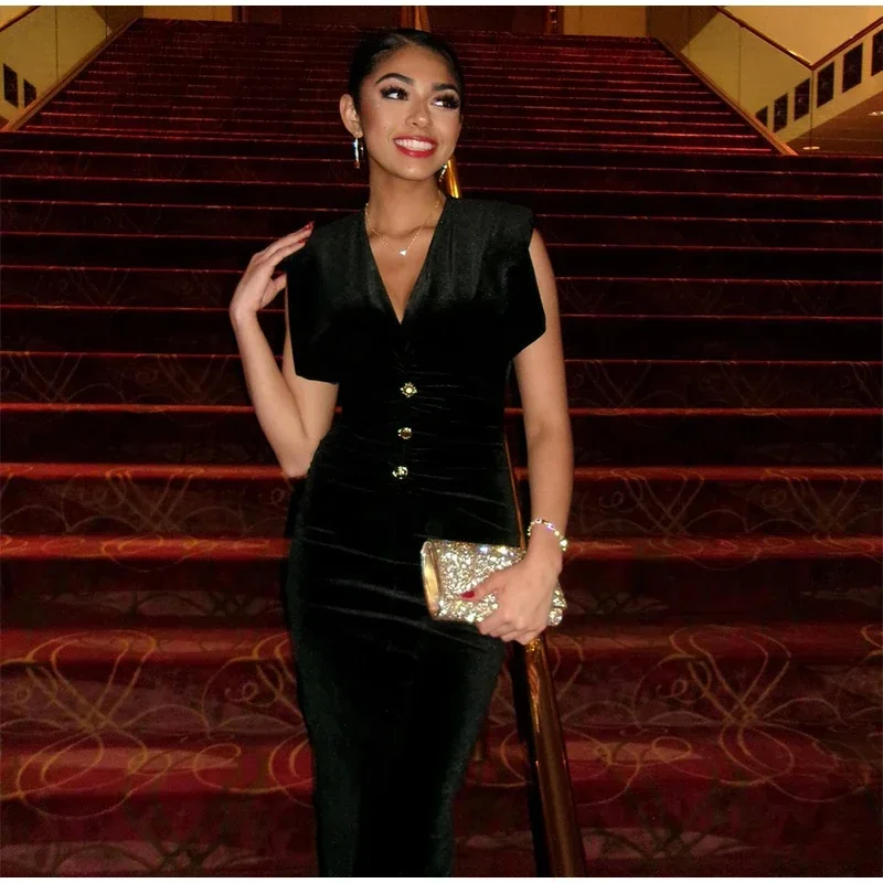 Vestido largo vintage de terciopelo con escote en V para mujer, elegante, sin mangas, plisado, con botones de metal, cintura alta, para fiesta, 2025, vestido de noche para mujer