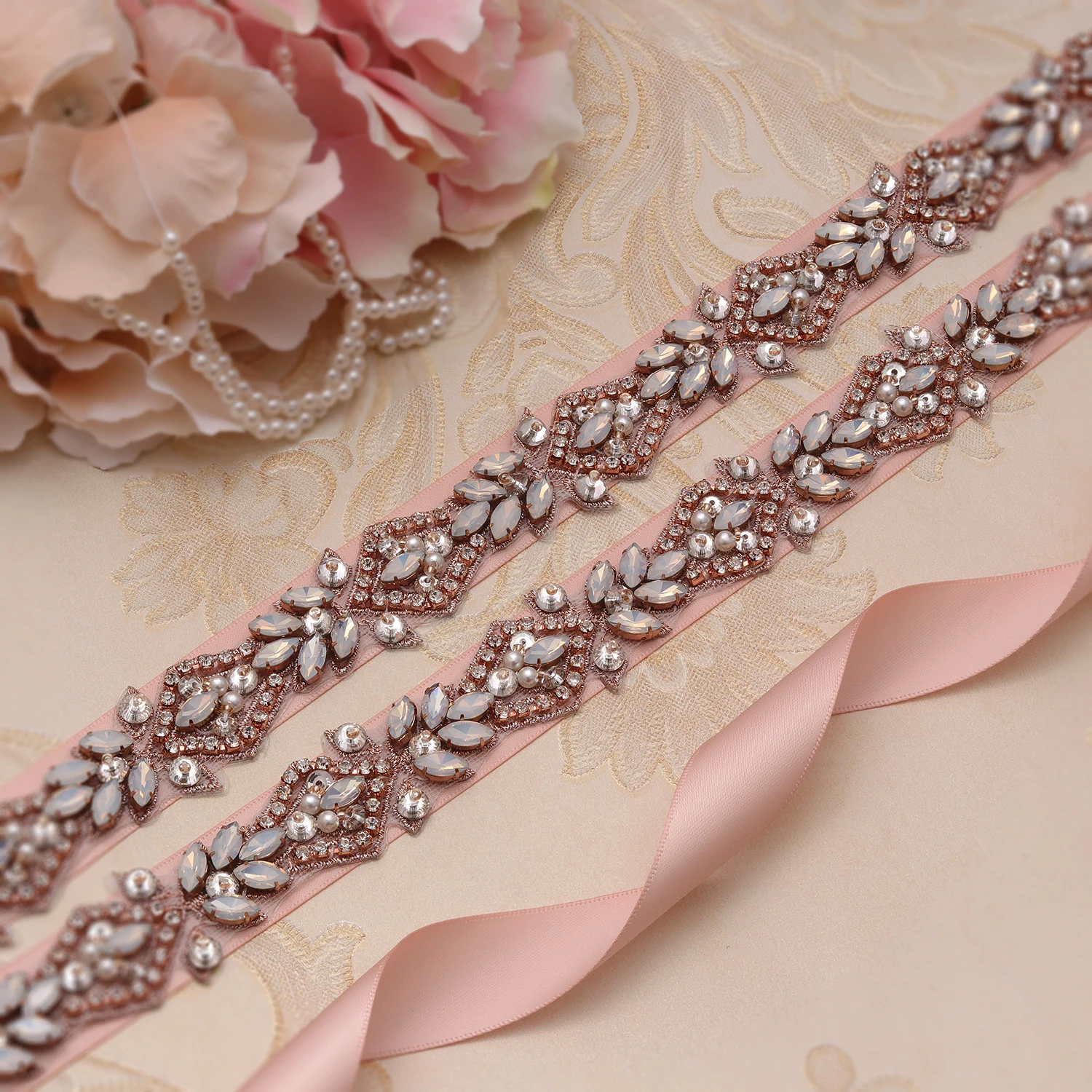 Missrdress Opals Wedding Belt Rhinestones Bridal Belt Beads Rose Gold