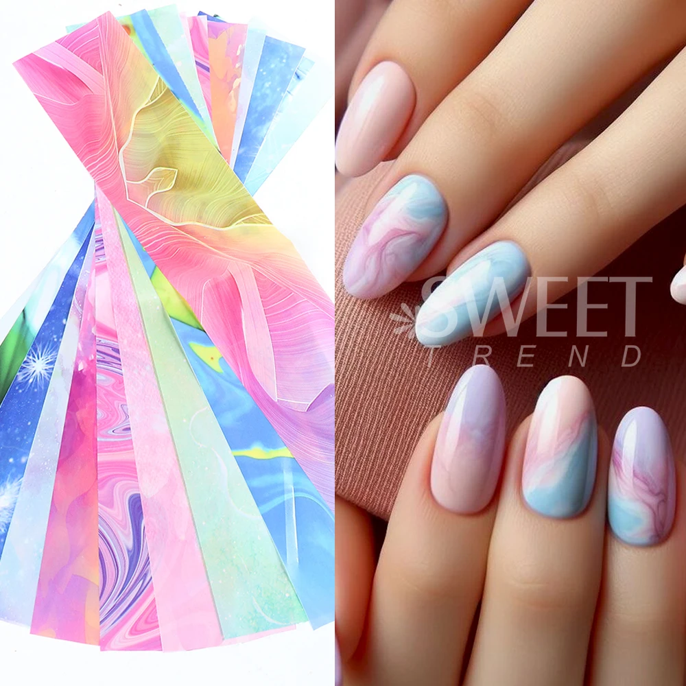 10pcs/set Rainbow Marble Nail Art Transfer Foils Stickers Blooming Ink Textured Starry Paper Summer Classic Decal Manicure Decor