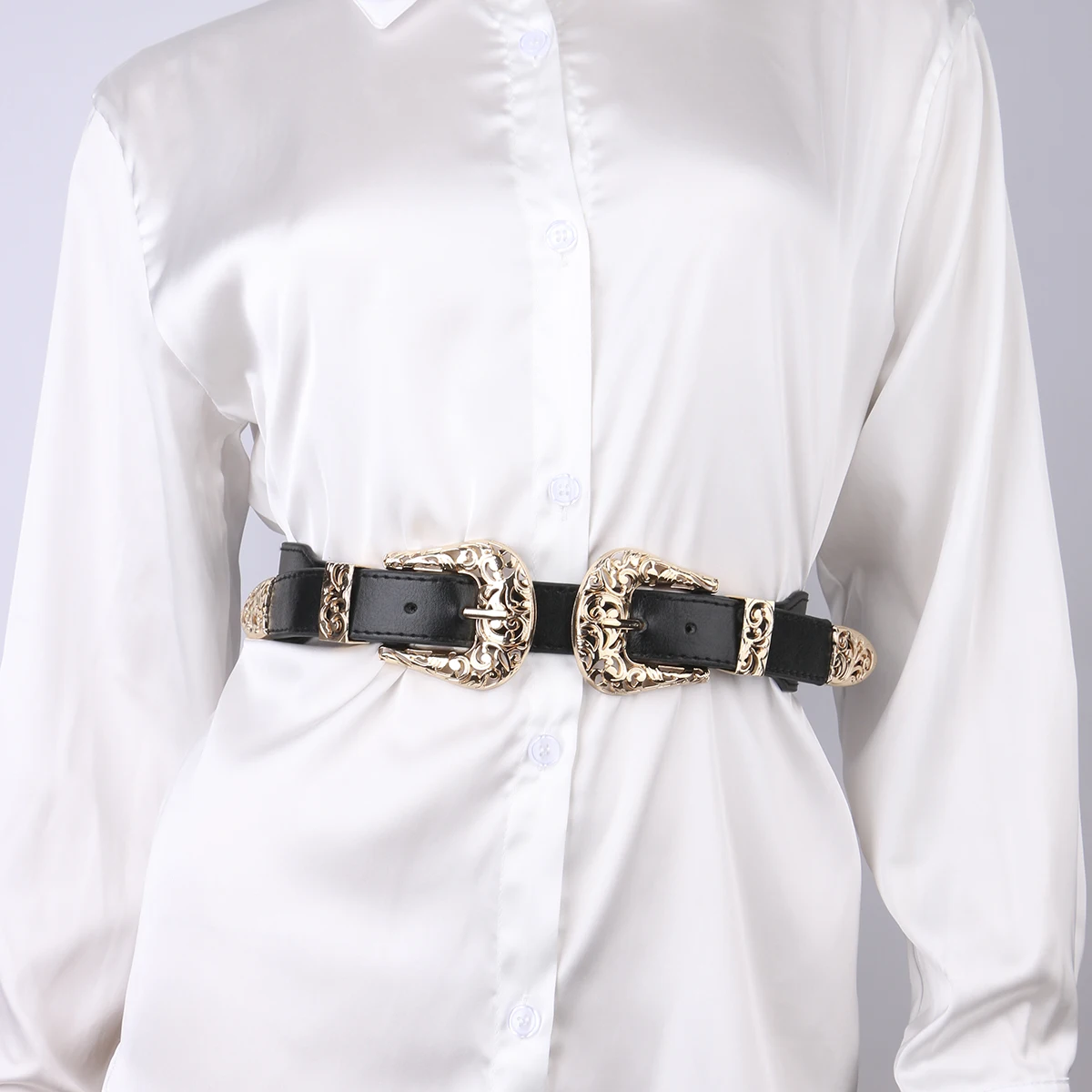 Gold Hollow Double Adjustable Pin buckle Ladies's Vintage Elastic belt Detachable waist Decorate GirdleFor Women Female clothing