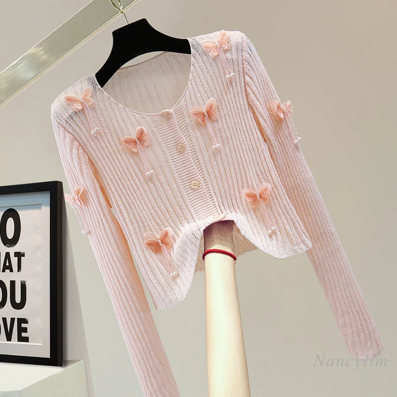 

2022 Summer Long Sleeve Thin Knit T-Shirt for Women Beaded Tassel Sun Protection Shirts Butterfly Embroidered High Waist Top