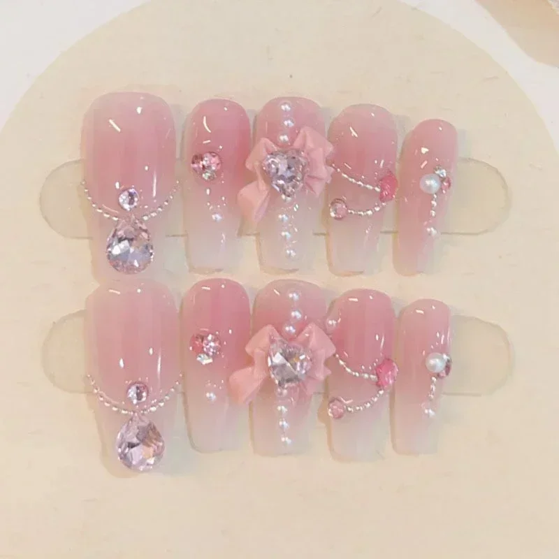 10pcs removeable ballet press on acrylic nails full cover gradient pink false nails with 3D charms handmade stick on nails long