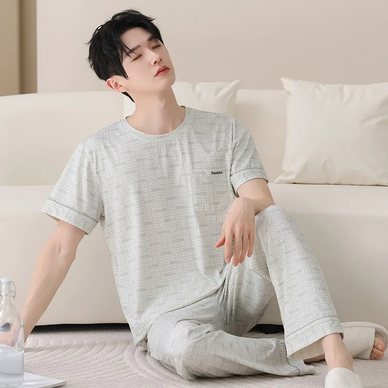 여름 남성 잠옷 세트 반팔 긴 바지 라이오셀 코튼 실키한 피부촉감 통기성 좋은 야외 홈웨어 옴브레 파자마