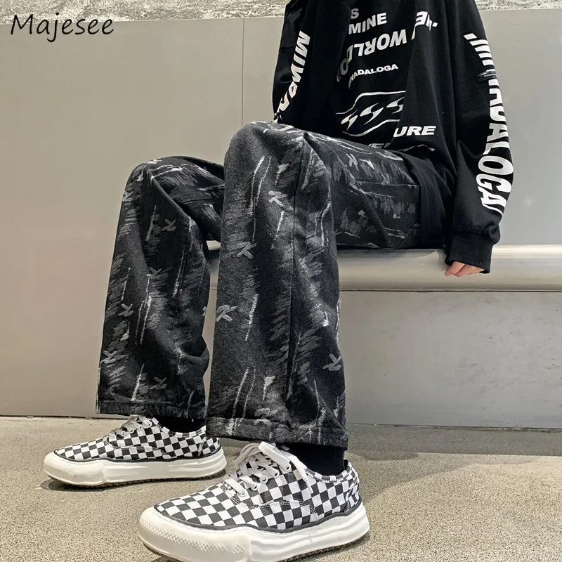 

Jeans Men Straight Print Handsome High Street Hip Hop Retro Summer Stylish All-match Denim Baggy Teens Casual Trouser Popular BF
