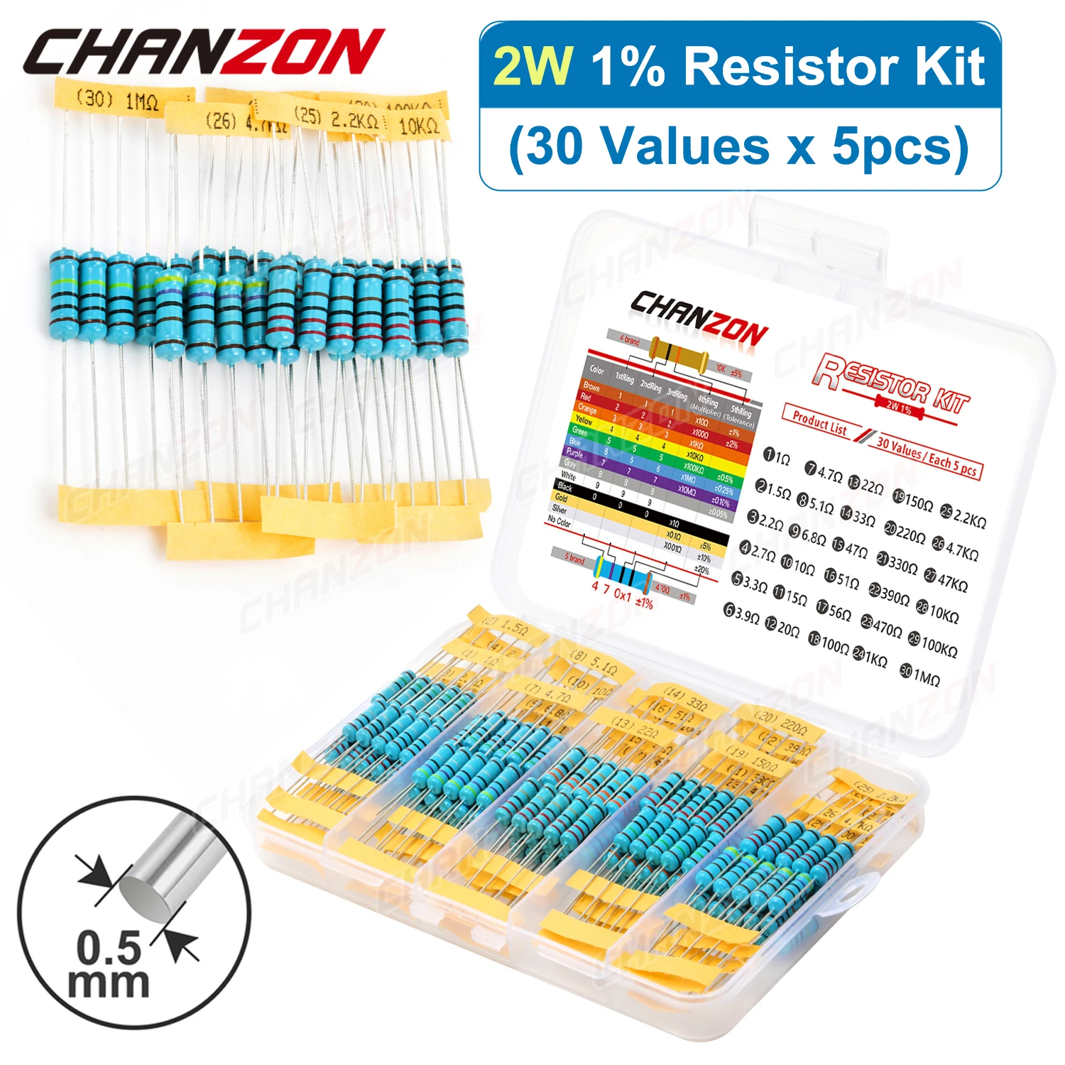 150Pcs/Pack 30 Values 2W 1% High Precision Metal Film Resistors Kit 4.7 10 100 470 1K 4.7K 47K Ohm 2 W Resistance Assortment Set helldivers precision expert pack pc