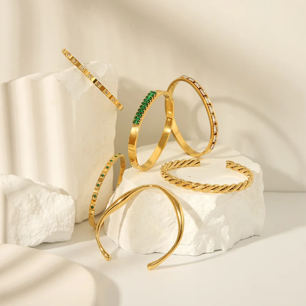 18K Gold Plated Polished No Tarnish Zircon Rhinestone Metal Bangles Bracelet Women Waterproof Stainless Steel Twist Open Bangle