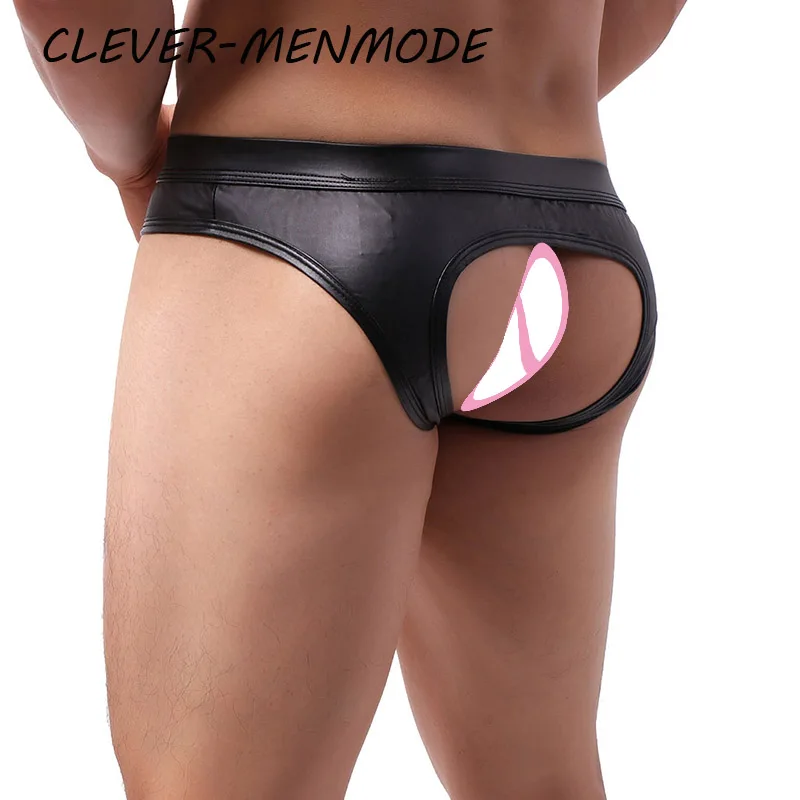 Mens underwear Men's Sexy Lingerie Openwork Sheer PU O Ring Buttock Briefs Faux Leather Mini U Convex Penis Bag Panties Micro Sissy Bikini