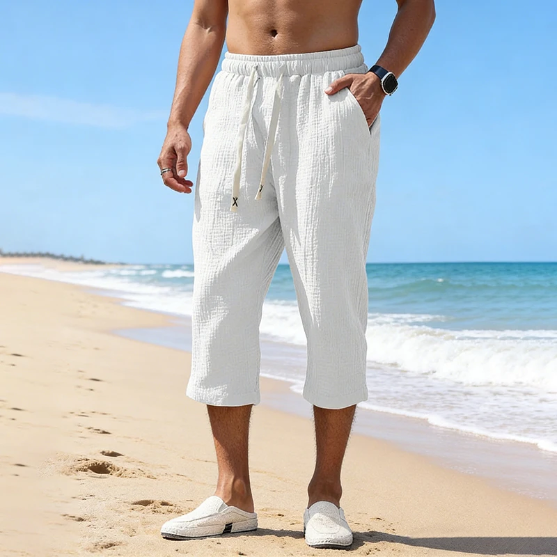 Summer Men Linen Capri Pants Drawstring Waist Loose Solid Color Casual Trousers For Daily Beach Vacation Outdoor Travel Wear 1