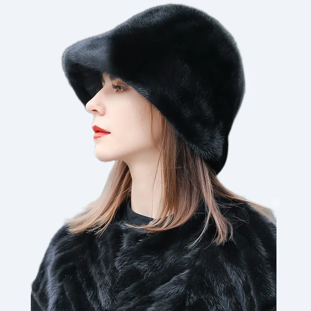

Women's Real Mink Fur Bucket Hat Winter Warm Earmuffs Cap Handmade Black Wine Red Brown