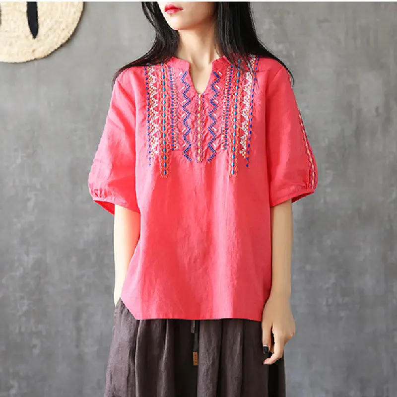 Vintage Simple Embroidery Casual V-neck Loose Cotton Top Blouse Women 2023 New Summer Short Sleeve All Match Shirts Blusas Mujer