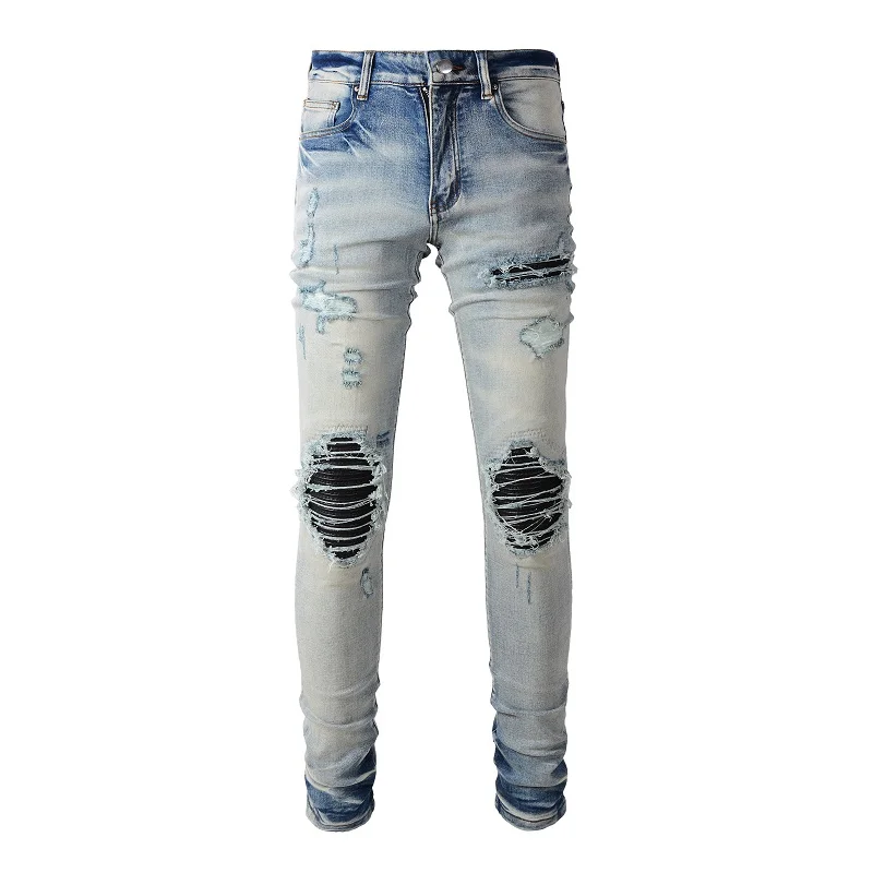 

Men's High Street Distressed Blue Classical Leather Ribs Patchwork Holes Stretch Slim Fit Streetwear Designer Ripped Jeans