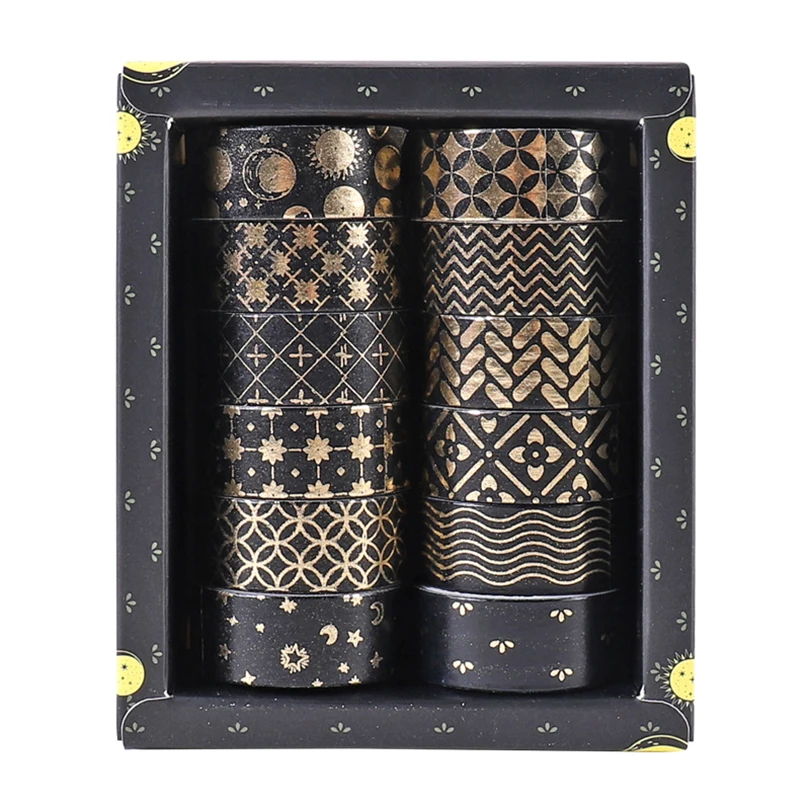12Pcs Black Washi Tape Scrapbooking Supplies Gold Foil Masking Tape Diary Geometry School Supplies Cinta Adhesiva Decorativa 6