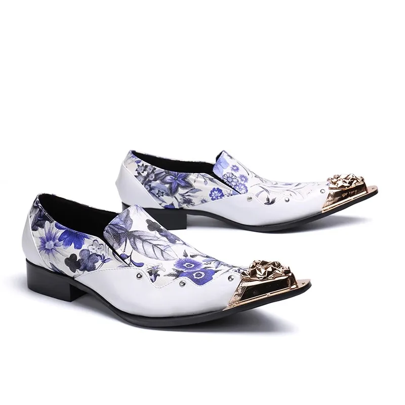 White-Men-Shoes-Print-Design-Genuine-Leather-Pointy-Metal-Toe-Block ...