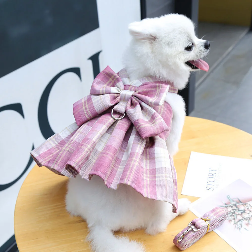Pet Clothes Dog Skirt Harness Leash Set Cute Plaid Puppy Princess Dress with Bowknot No Pull Vest Harness for Small Dogs Cats