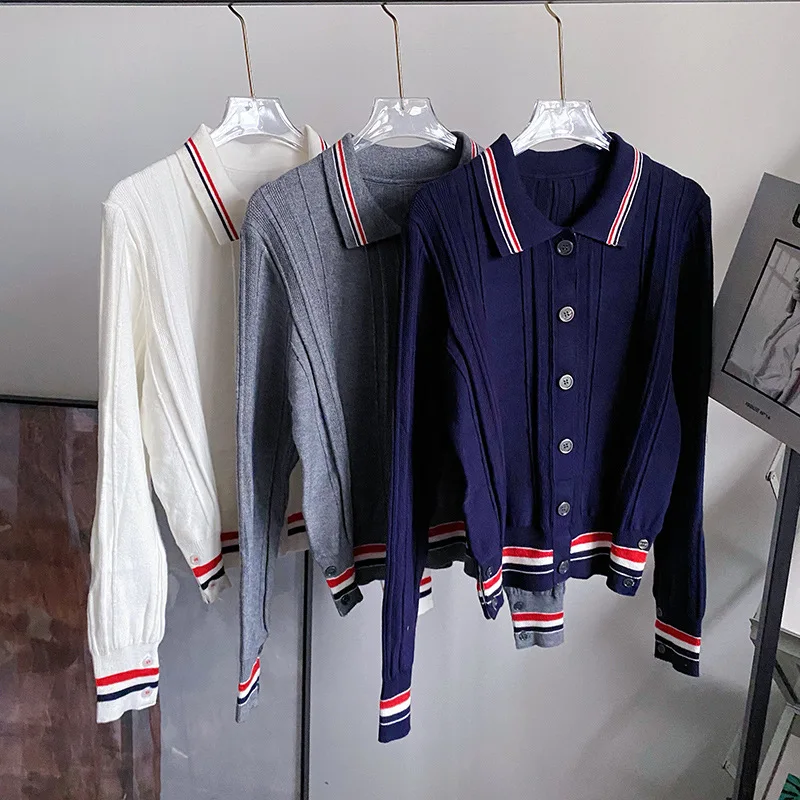 

High Quality Korean Style TB Polo Knit Cardigan Women's British College Department Outwear Small Cardigan Sweater Wool Knit Top