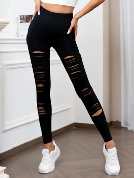 Europe And The United States New High-waisted Leggings Personality Ripped Stretch Nine Pants Solid Color Tight Leggings Women 1