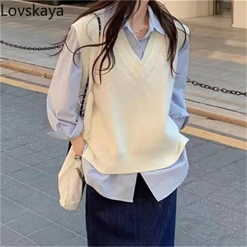 

New Loose and Lazy Style Layered Outwear with Sleeveless Sweater Tank Top V-neck Knitted Vest for Women in Autumn and Winter