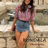 KONDALA Vintage Striped Bow Women Casual Asymmetric Shirt Fashion 2026 Spring Single Breasted Shirt Streetwear Chic Female Shirt - Image 2