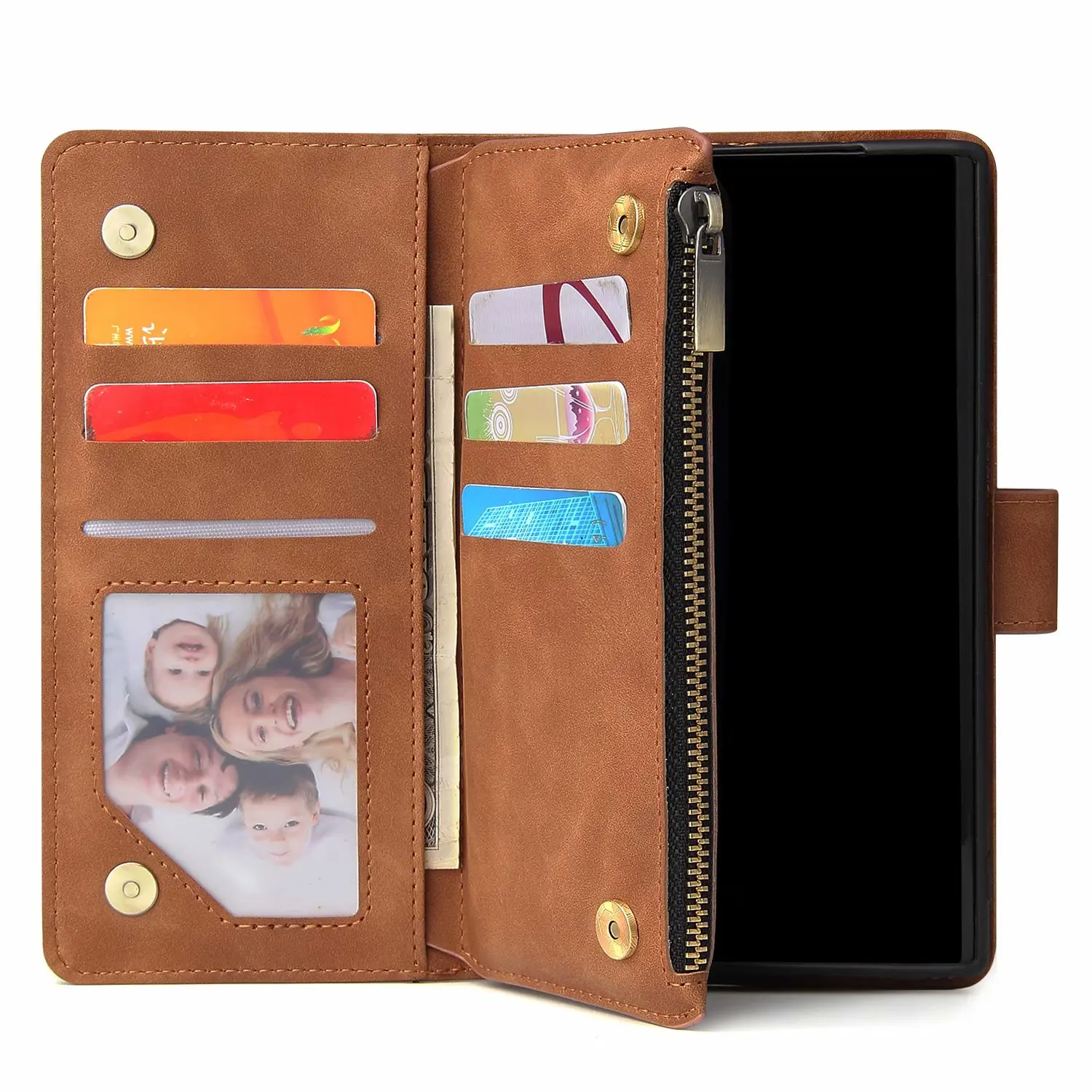 Luxury Leather Wallet with Magnetic Zipper - Retro Flip Card Stand Mobile Case