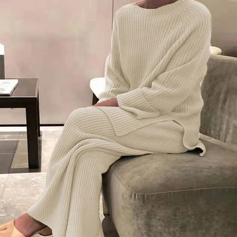 2022 Knitted Sweater Suit Women Casual Solid Color O-Neck Pullovers+Pants Suit Female Autumn Winter Soft Two Piece Set Homewear