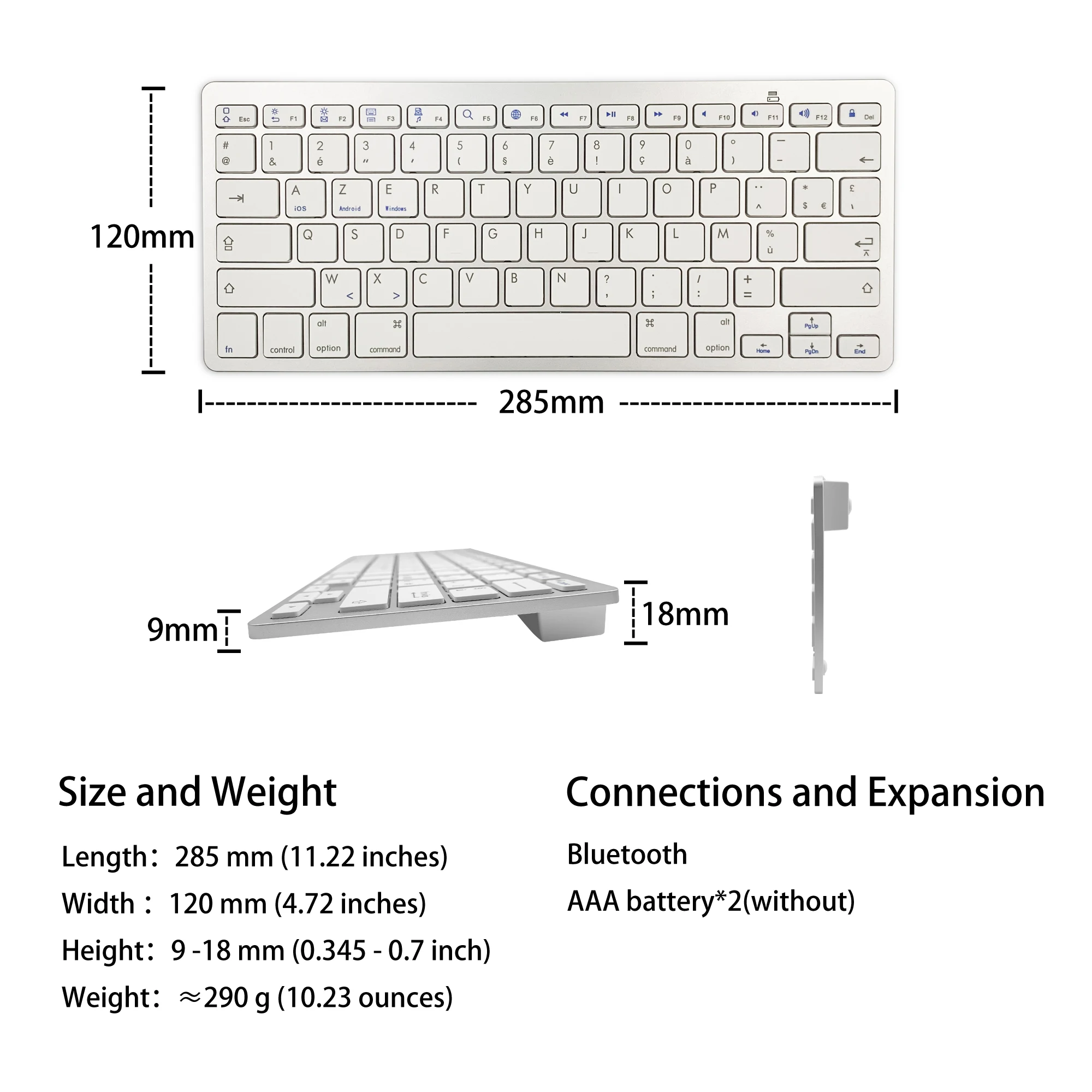 French Language Ultra Thin Light weight Low Noise BT wireless Keyboards for iPhoneiPadsmartphonelaptop