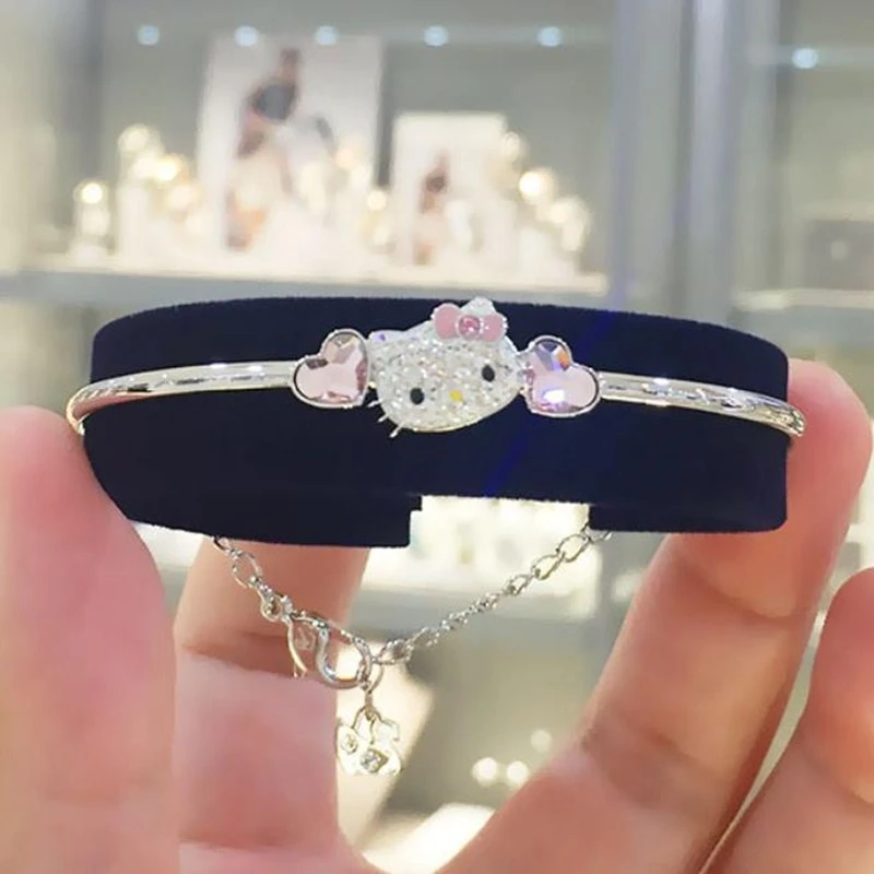 

Sanrio Hello Kitty Bracelet Cute Cartoon KT Cat Rhinestone Zircon Mosaic 925 Silver Girl Fashion Ornaments Jewelry Holiday Gift