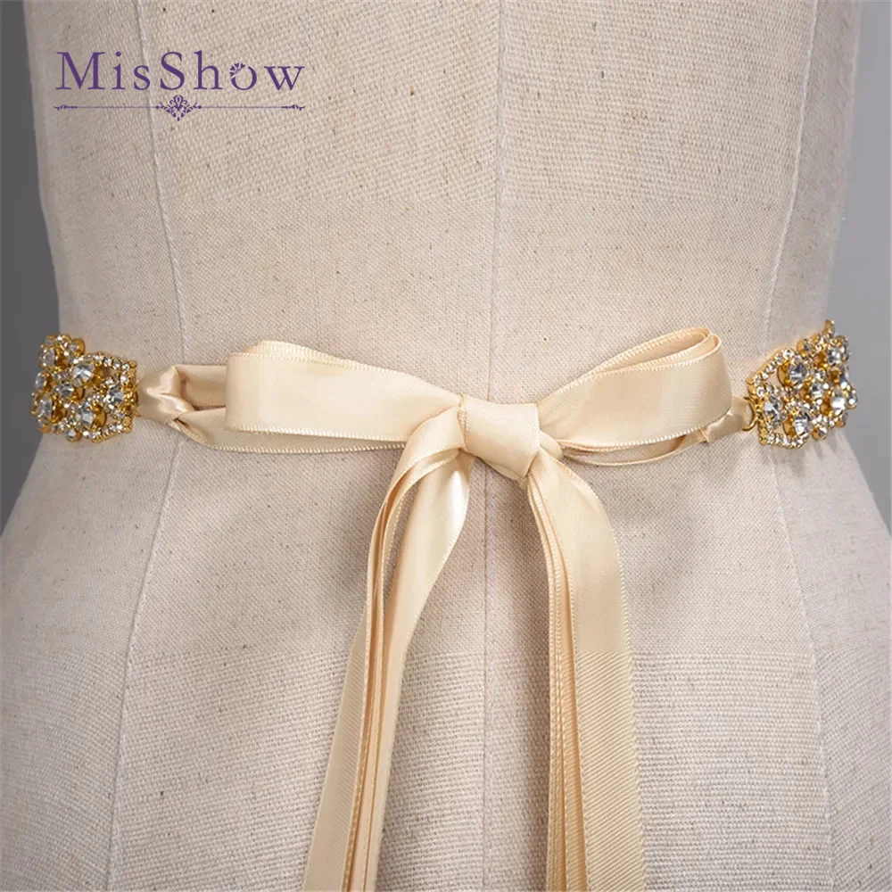 MisShow Gold Silver Handmade Rhinestone Belt Crystal Wedding Bridal Sash Satin Ribbon Wedding Accessories bridal waistband,bridal dress decoration,bridal garter belt