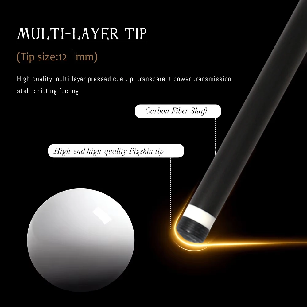 카본 파이버 당구 큐 12mm 팁, 1474mm 레이디얼 조인트 프로페셔널 블랙 테크놀로지 저탄성 카본 파이버 큐 스틱
