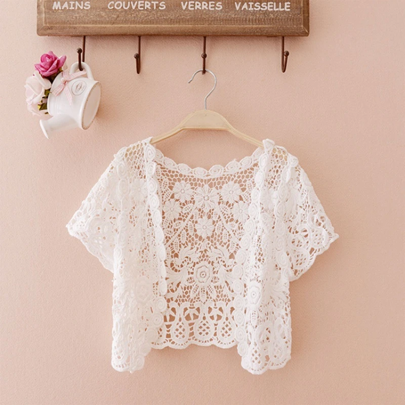 Women Summer Short Sleeve Crochet Shrugs Hollow Out Flower Lace